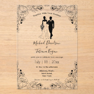 stylish bride and groom floral wedding  acrylic invitations