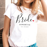 Stylish Bride Wedding T-Shirt<br><div class="desc">The perfect gift for any bride, the fun and modern design features a stylish typography script "Bride" with cute little red love heart full stops. The design is easy to personalise with your name and established wedding date and will be the perfect keepsake from your special day.</div>