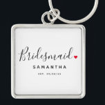 Stylish Bridesmaid Wedding Key Ring<br><div class="desc">The perfect gift for any bridesmaid,  the fun and modern design features stylish typography script font "Bridesmaid" wording with a cute little red love heart full stops. The design is easy to personalise with a name and established wedding date and will be the perfect keepsake from your special day.</div>