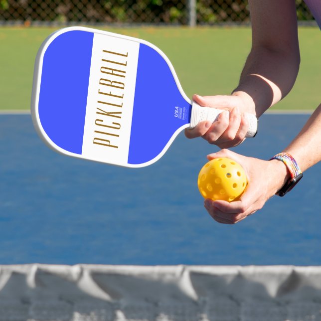Stylish Bright Blue White PICKLEBALL Stripes Text Paddle (Insitu)