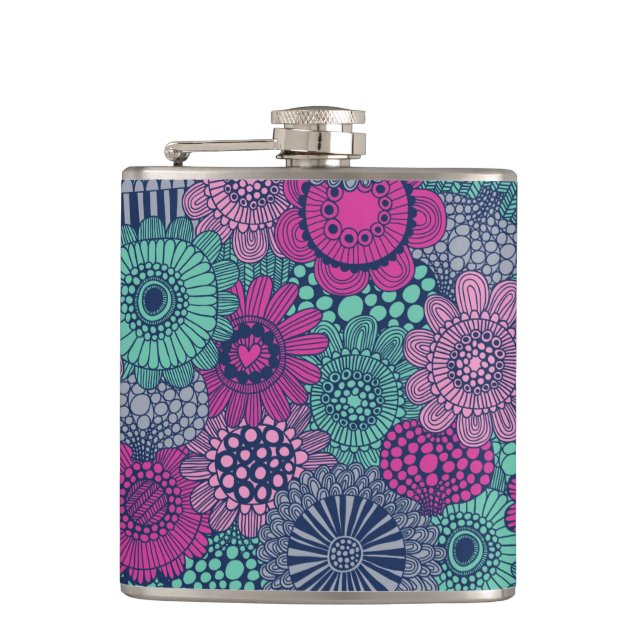 Stylish bright pattern of gorgeous flowers hip flask (Front)