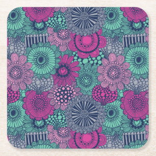 Stylish bright pattern of gorgeous flowers square paper coaster