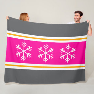 Stylish Bright Pink White Grey Stripes Snowflakes Fleece Blanket