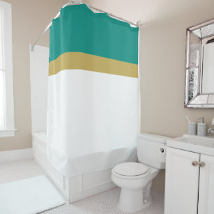 Stylish Bright White Teal Matte Gold Top Stripes Shower Curtain