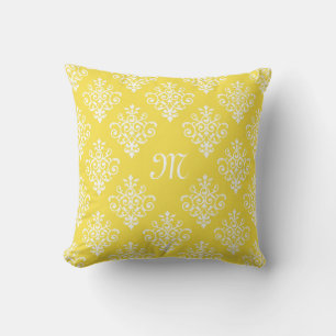 Stylish Bright Yellow Damask With Girly Monogram Cushion