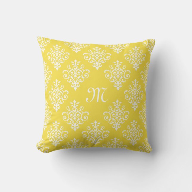 Stylish Bright Yellow Damask With Girly Monogram Cushion (Front)
