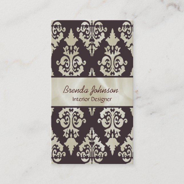 Stylish Brown and Cream Damask Business Card (Front)