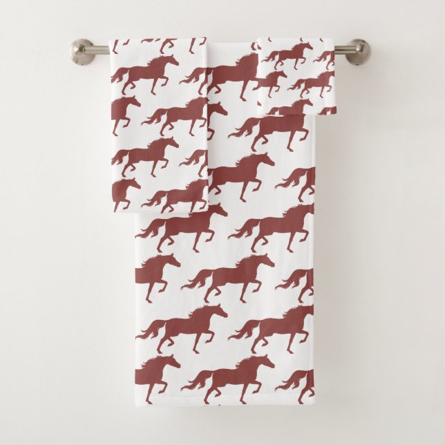 Stylish Brown Bay Horse Silhouettes on White Bath Towel Set (Insitu)