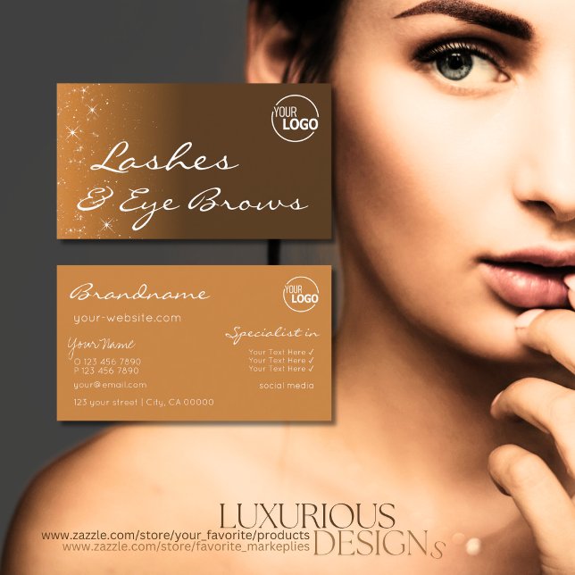 Stylish Brown Beige with Glitter Stars and Logo Business Card (Creator Uploaded)