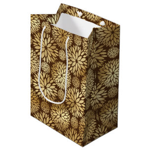 Stylish Brown & Gold Dahlias Pattern  Medium Gift Bag