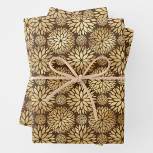 Stylish Brown & Gold Dahlias Pattern  Wrapping Paper Sheet
