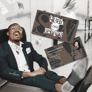 Stylish Brown Gray White with Photo Logo Monogram Business Card