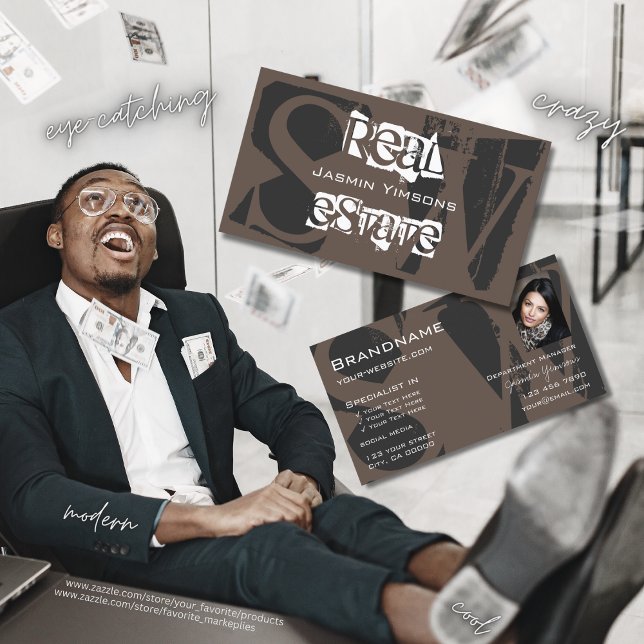 Stylish Brown Grey White with Photo and Monogram Business Card (Creator Uploaded)