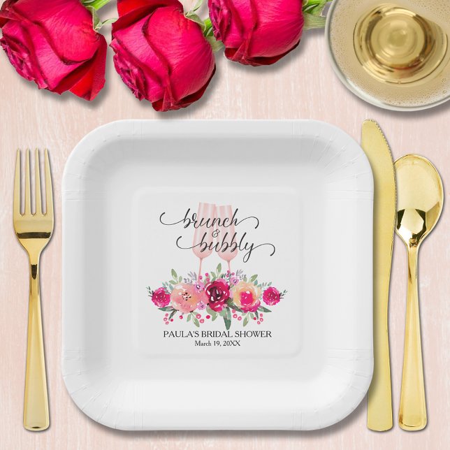 Stylish Brunch and Bubbly Floral Bridal Shower Paper Plate (Chic champagne glasses and floral brunch and bubbly bridal shower personalized square paper plates)