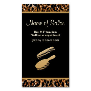 Stylish Brush Black and Gold Leopard Hair Salon Magnetic Business Card