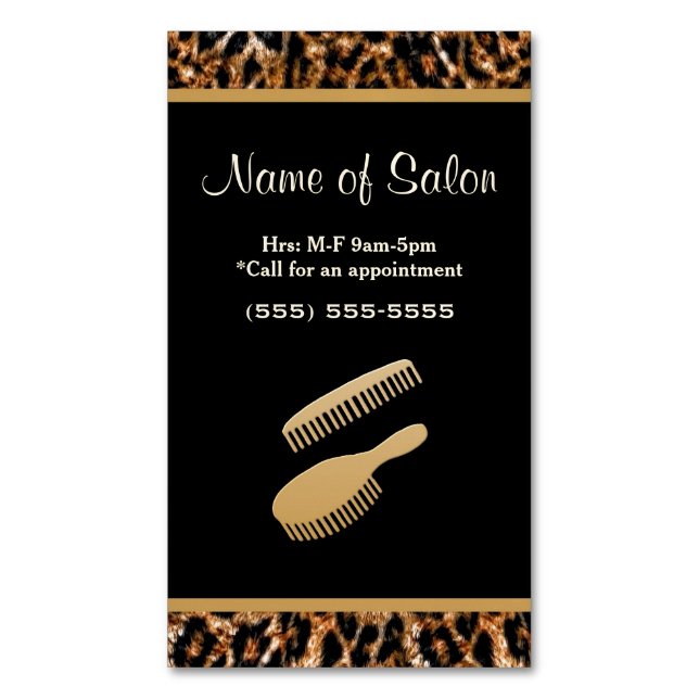 Stylish Brush Black and Gold Leopard Hair Salon Magnetic Business Card (Front Vertical)