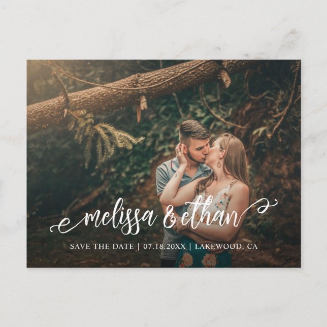 Stylish Brush Script Photo Wedding Save The Date Announcement Postcard (Front)