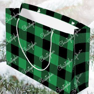 Stylish Buffalo Plaid Custom Name Script Green Large Gift Bag