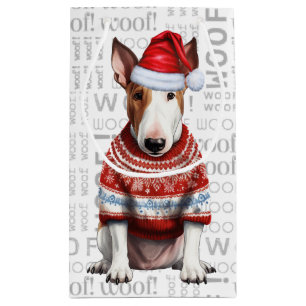 Stylish Bull Terrier Dog Woof Word Art Christmas Small Gift Bag