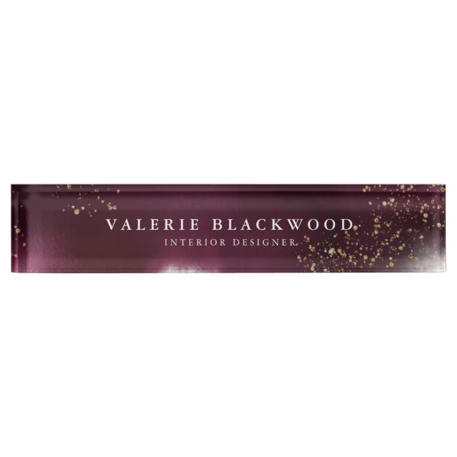 Stylish Burgundy and Gold Glitter Watercolor Nameplate (Front)