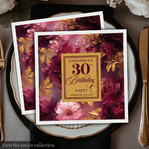 Stylish Burgundy Blush Gold Watercolor 30th Bday Napkin