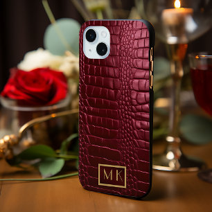 Stylish Burgundy Crocodile Leather Look Monogram  iPhone 15 Mini Case