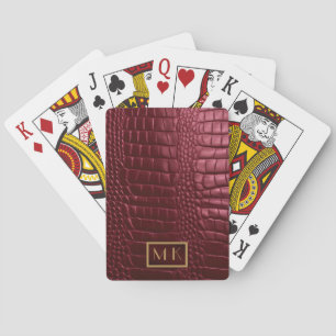 Stylish Burgundy Crocodile Leather Look Monogram Playing Cards