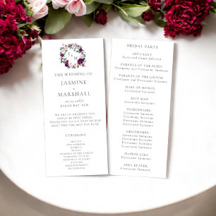 Stylish burgundy floral monogram wedding programme