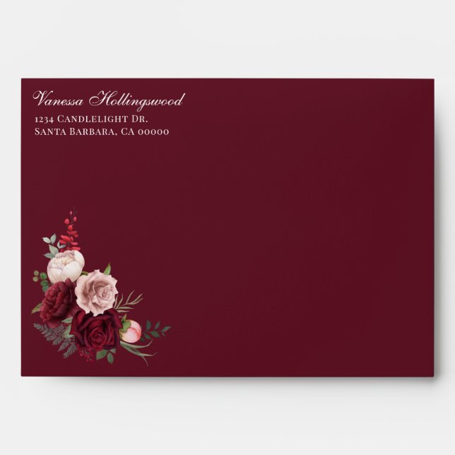 Stylish Burgundy Floral Wedding Script Envelope (Front)