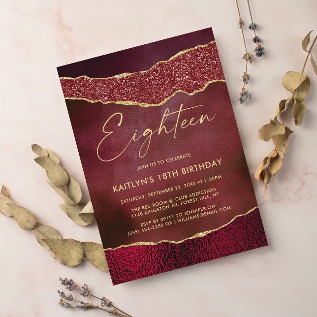 Stylish Burgundy & Gold Agate 18th Birthday Invitation (Creator Uploaded)