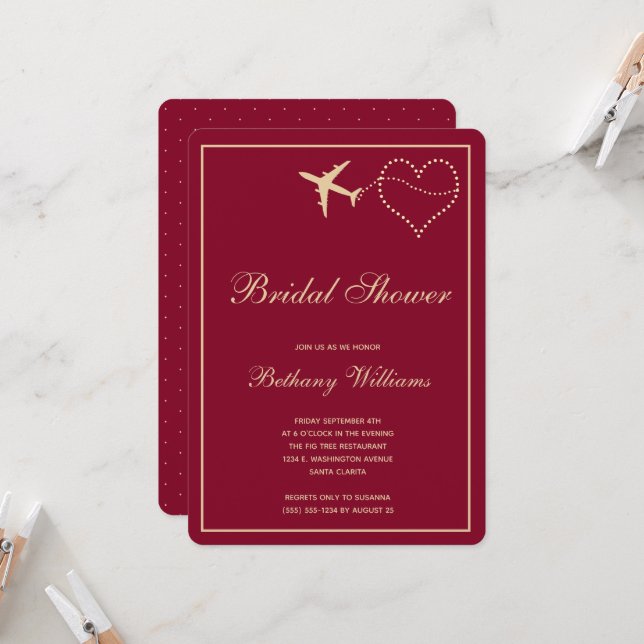 Stylish Burgundy Gold Travel Bridal Shower  Invitation (Front/Back In Situ)