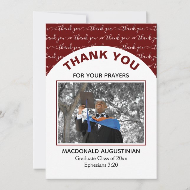 Stylish Burgundy Graduate Photo Thank You Card (Front)