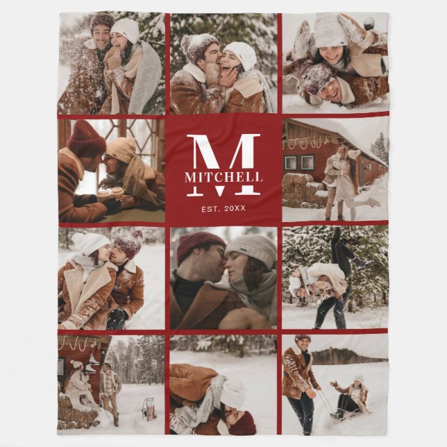 Stylish Burgundy Instagram Photo Collage Monogram Fleece Blanket (Front)
