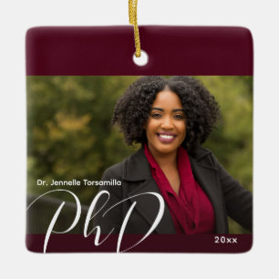 Stylish Burgundy Photo PhD Graduation Ceramic Ornament