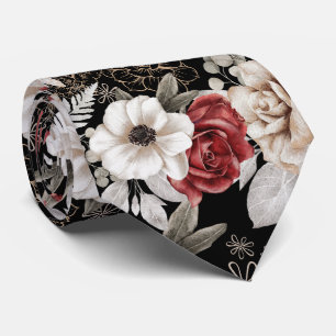 Stylish Burgundy Rose Black Floral Pattern Tie