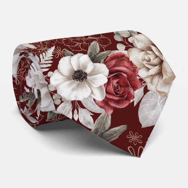 Stylish Burgundy Rose Floral Pattern Tie (Rolled)