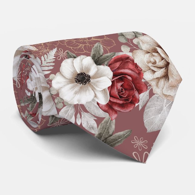 Stylish Burgundy Rose Pink Floral Pattern Tie (Rolled)