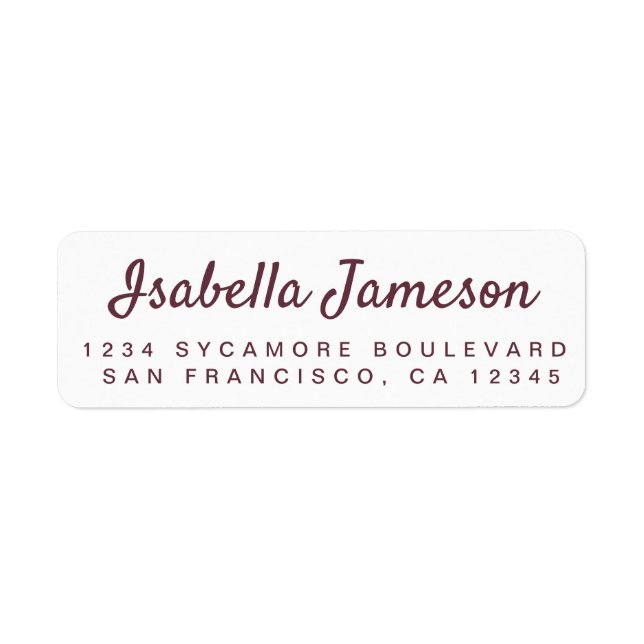Stylish Burgundy Script White Return Address (Front)