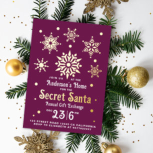 Stylish Burgundy Secret Santa Snowflake Invitation