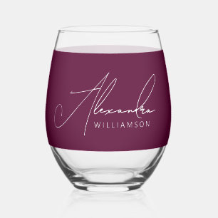 Stylish Burgundy  White Modern Calligraphy Name  Stemless Wine Glass