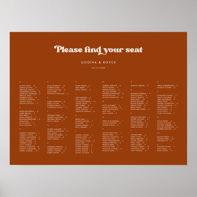 Stylish Burnt Orange Alphabetical seating chart (Front)