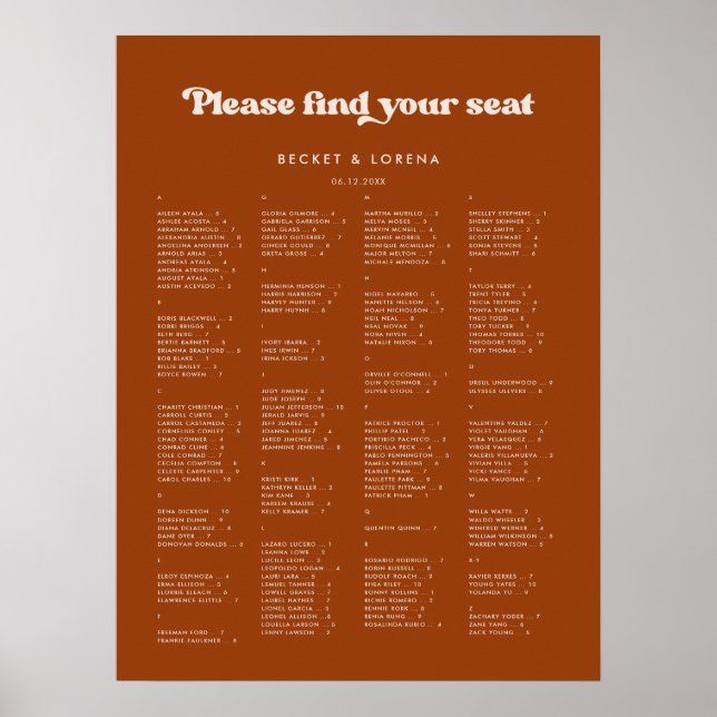 Stylish Burnt Orange Alphabetical seating chart (Front)