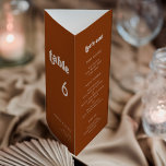 Stylish Burnt Orange Menu & Table number trifold<br><div class="desc">Trifold wedding menu & table number: all in one, just fold the paper sheet in 3 to get your standing menu. A retro chic theme: adopt this vintage and stylish typographic design for your Wedding stationery, with a burnt orange colour theme. Easy to mix and match with our similar stationery...</div>