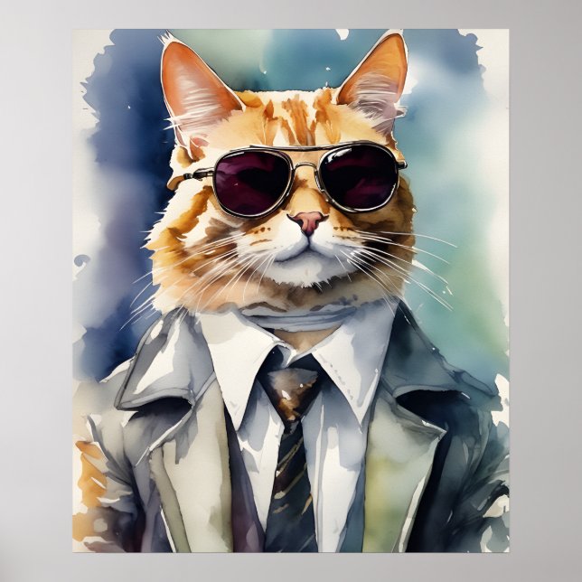 Stylish Business Attire Cat Poster, Movie Star Cat Poster (Front)