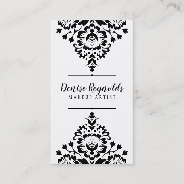 STYLISH BUSINESS elegant pretty damask black white Business Card (Front)