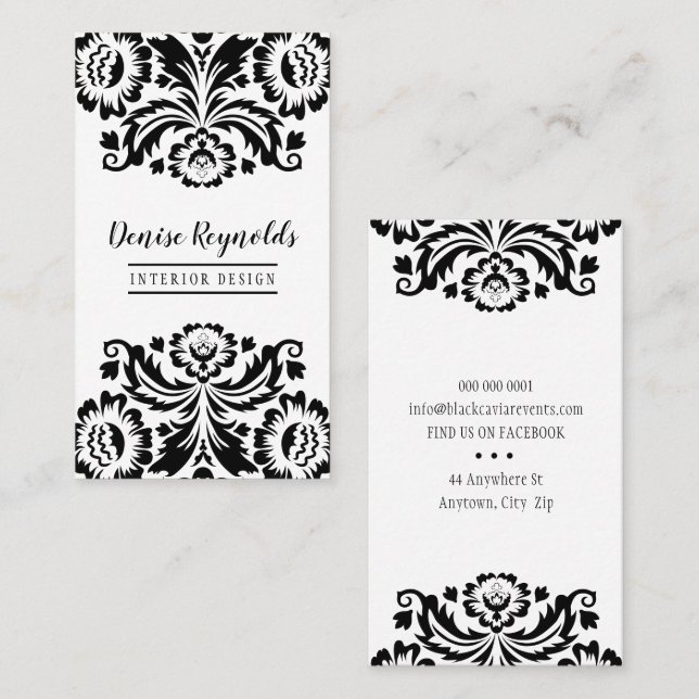 STYLISH BUSINESS elegant pretty damask black white Card (Front/Back)