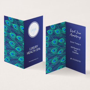 STYLISH BUSINESS LOGO BLUE PEACOCK FEATHER FOLDED BUSINESS CARD