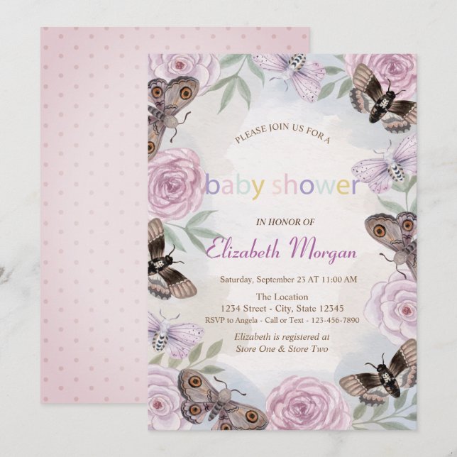 Stylish Butterflies Flowers Dotted Baby Shower  Invitation (Front/Back)