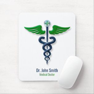 Stylish Caduceus Green Wings Cross Blue Medical Mouse Mat