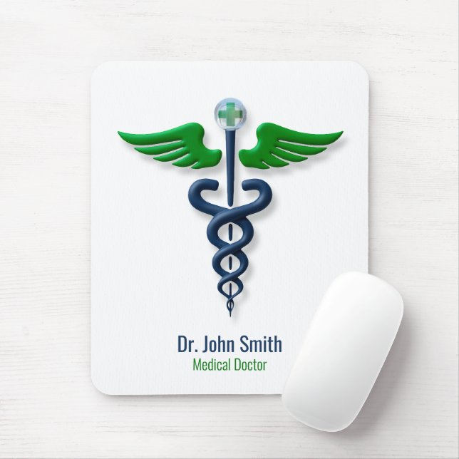 Stylish Caduceus Green Wings Cross Blue Medical Mouse Mat (With Mouse)